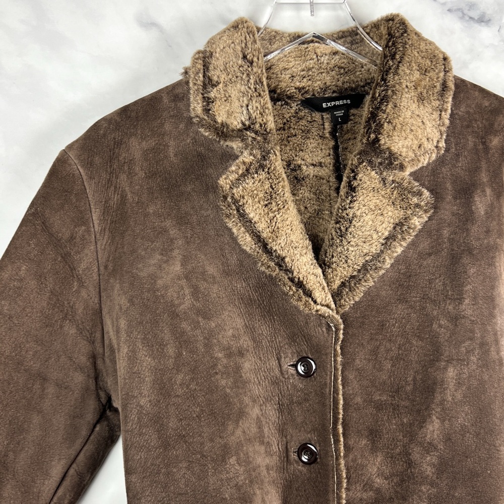 Express Vintage Y2K Suede Leather Faux Fur Belted Button Up Trench Coat Brown L - Picture 2 of 12